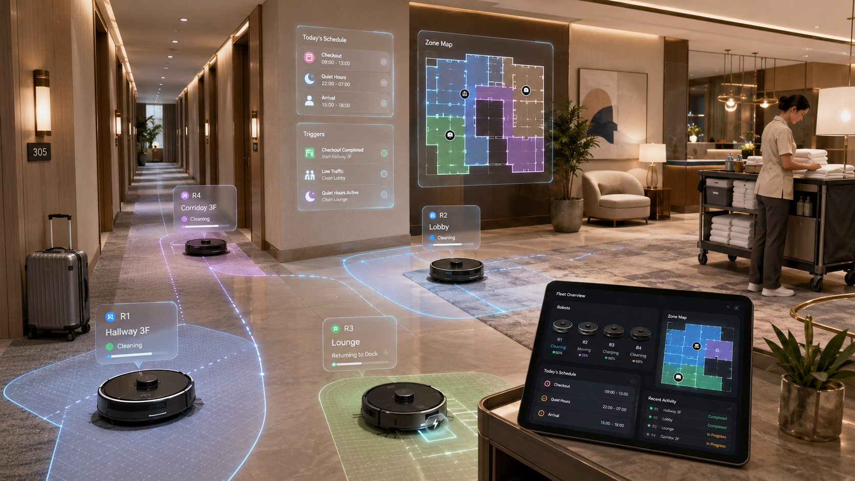 Autonomous Roborock vacuums navigating a hotel hallway and lobby along glowing per-zone cleaning paths, with floating schedule, trigger, and zone-map overlays and a control tablet showing fleet status