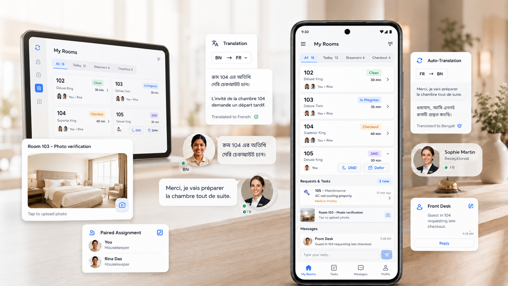 The StaiOS staff app shown on a tablet and a phone — the My Rooms screen with today's assignments and task cards, a photo-verification card, paired-assignment and front-desk cards, and live auto-translation between staff