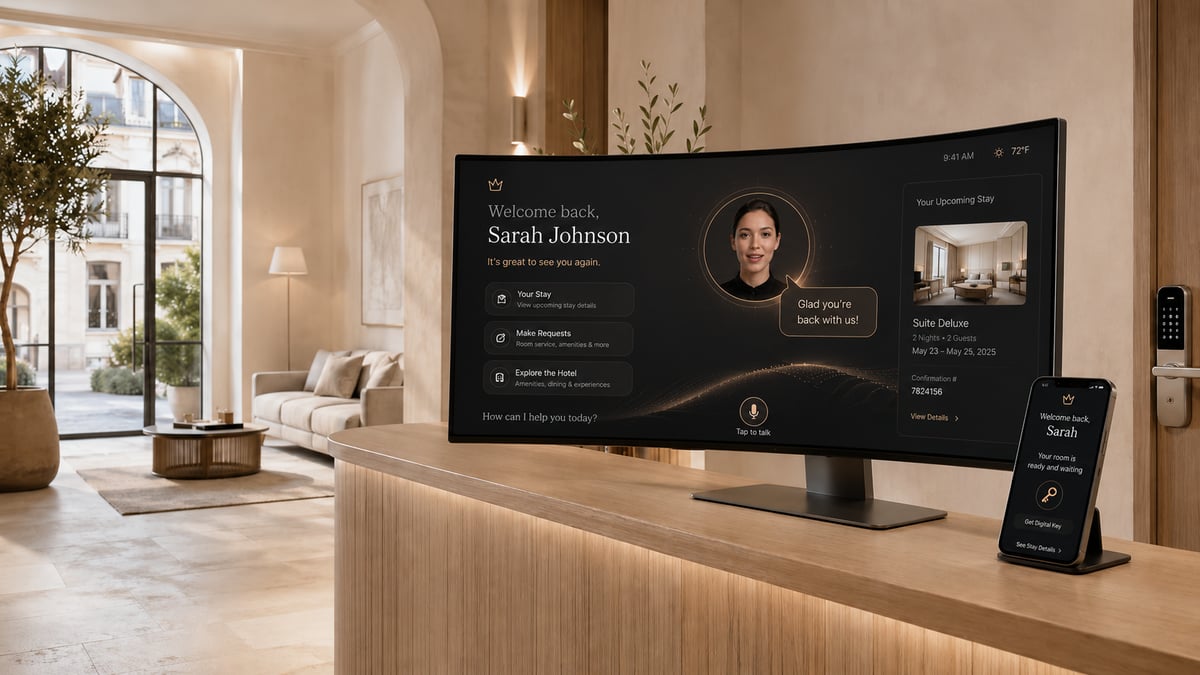 StaiOS kiosk on a hotel reception desk greeting a returning guest, Sarah Johnson, by name with face recognition — showing her photo and upcoming stay details